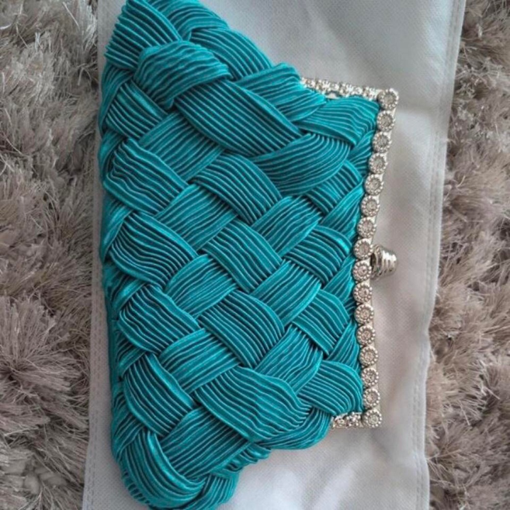 Turquoise & Silver Satin Clutch Crossbody Bag - Picture 2 of 10
